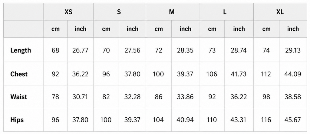 Measurement chart for clothing sizes XS to XL with centimeter and inch measurements.